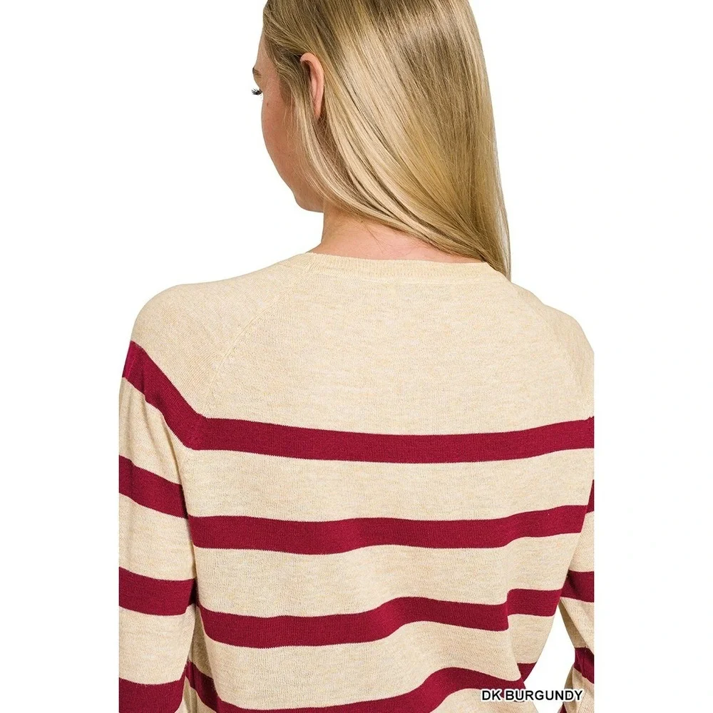 Zenana Lightweight Wool Blend Striped‎ Round Neck Sweater - Medium